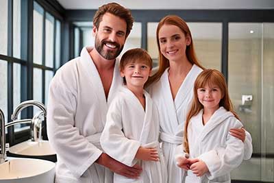 familie in bademaenteln badezimmer