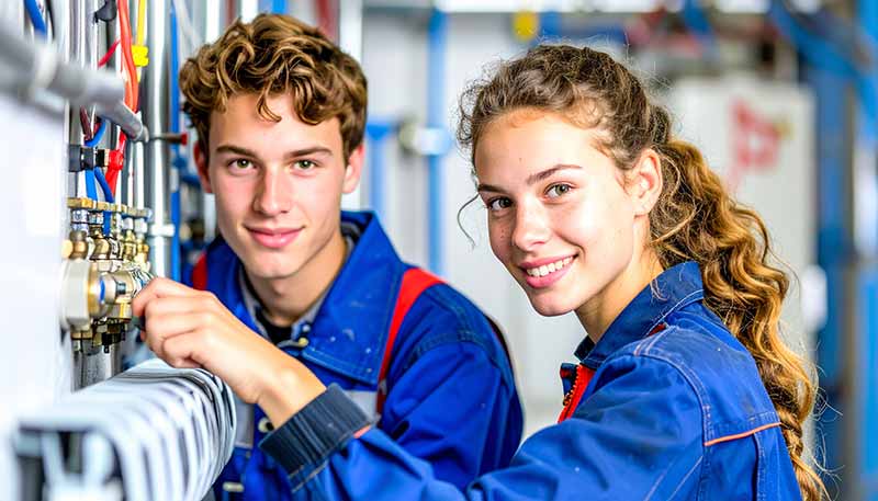 2 Auszubildende an Heizungsanlage
