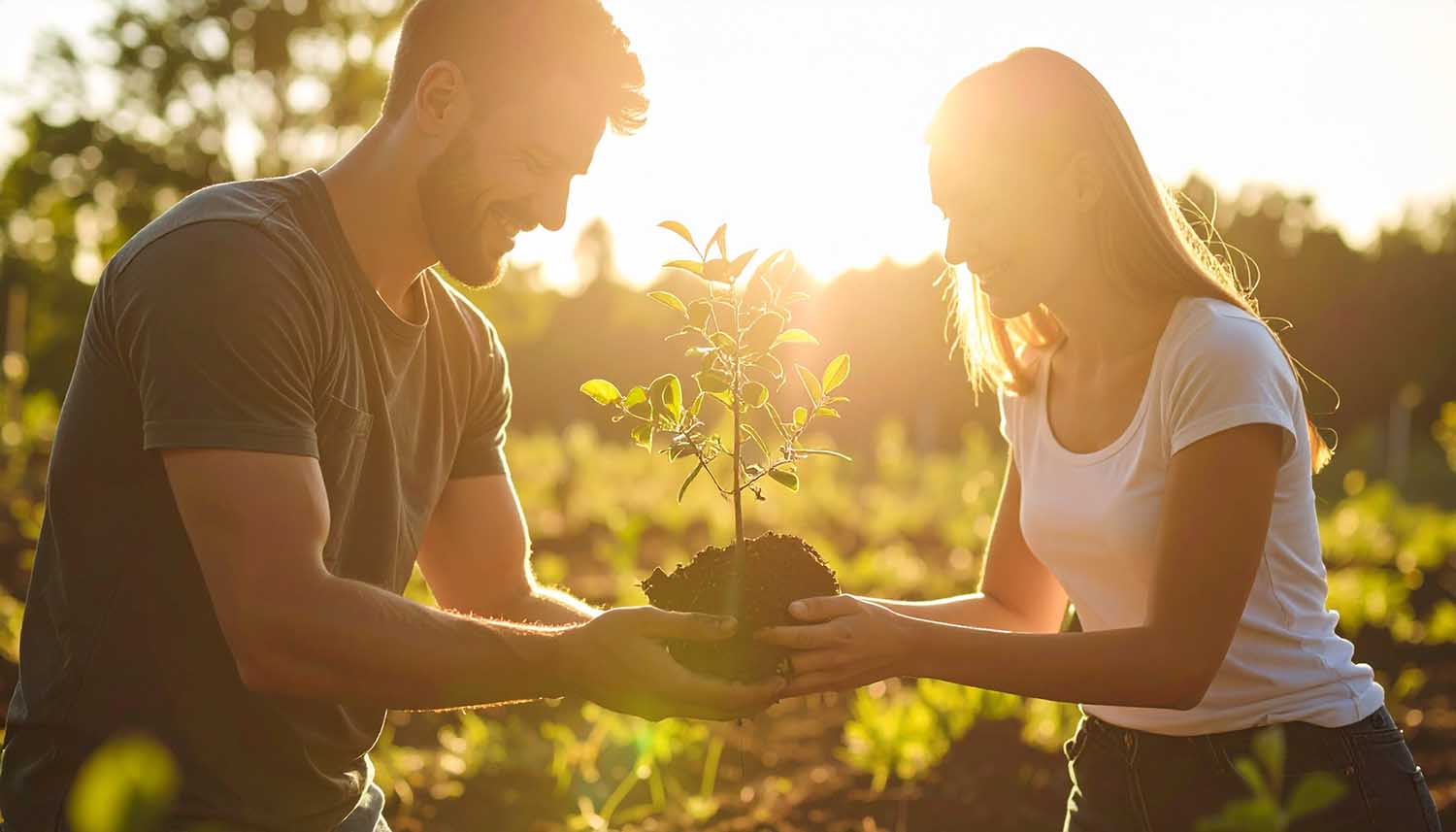 junger Mann und junge Frau pflanzen Baum