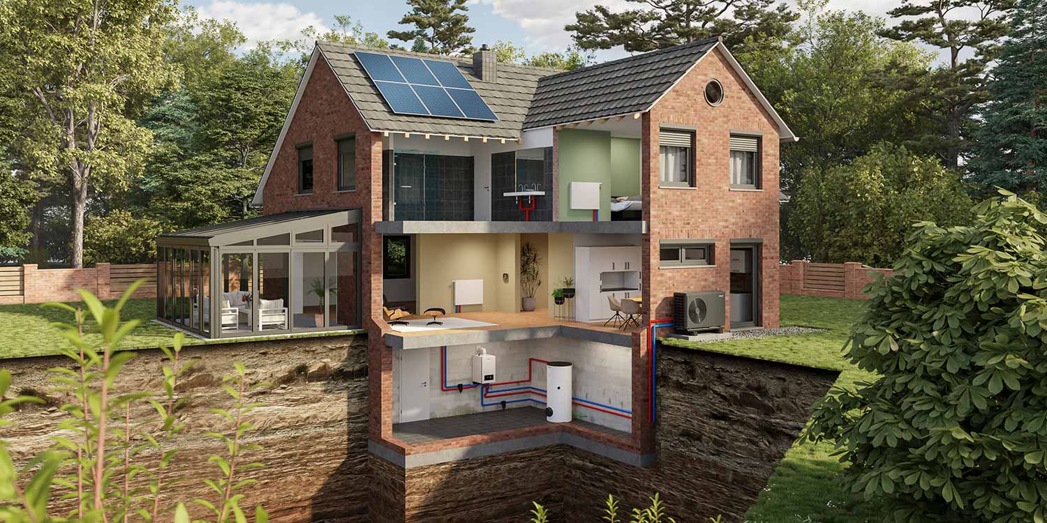Prinzipdarstellung einer Wärempumpenanlage mit Schnittdarstellung durch ein Haus
